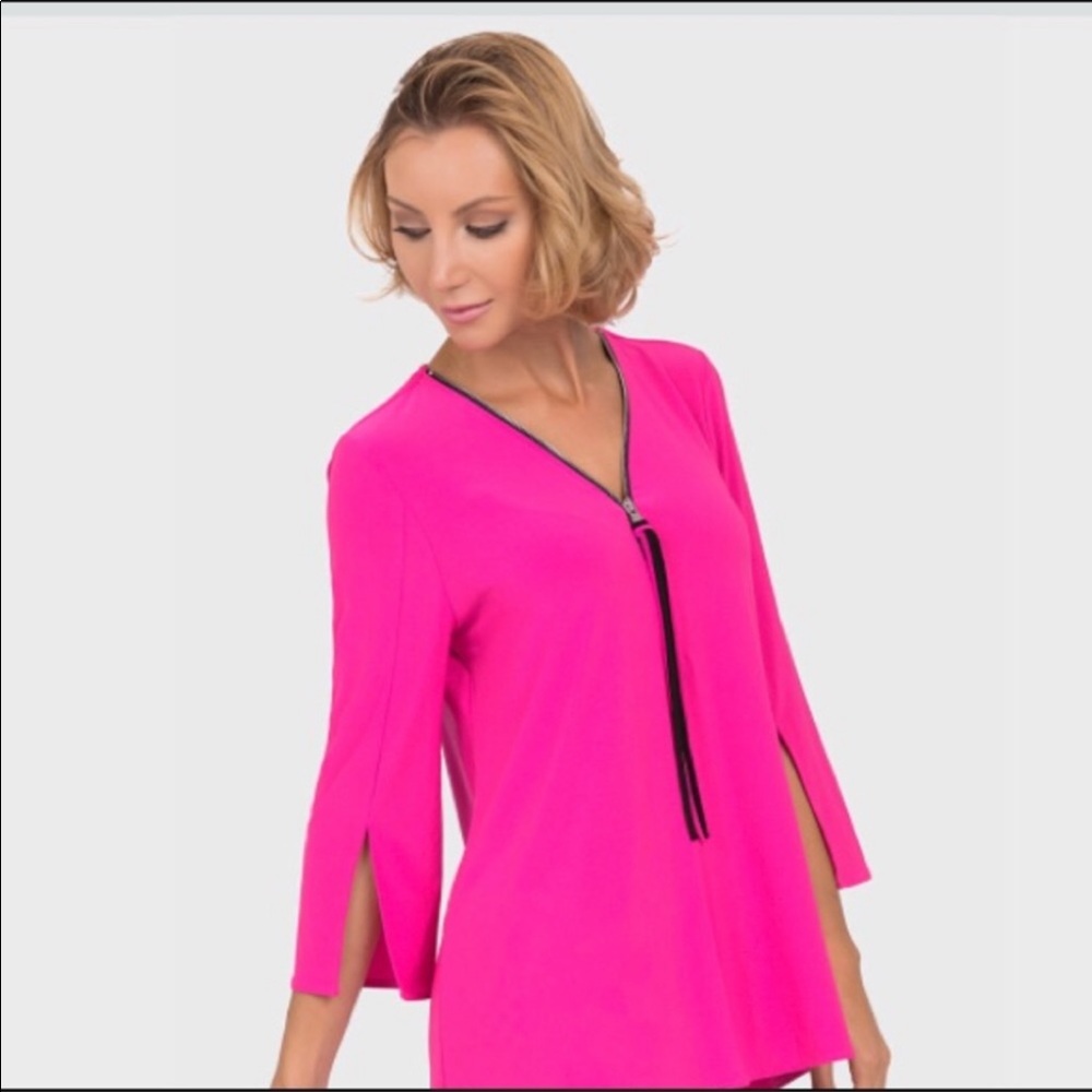 Joseph Ribkoff 3/4 slit sleeve pink tunic with zip